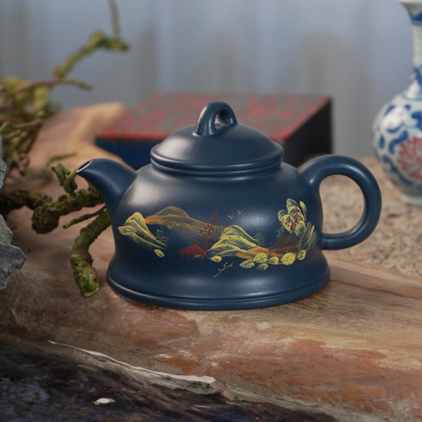 "Celestial Azure Clay Hand-Painted Gilded Landscape Teapot / Elegant Accents 250CC "