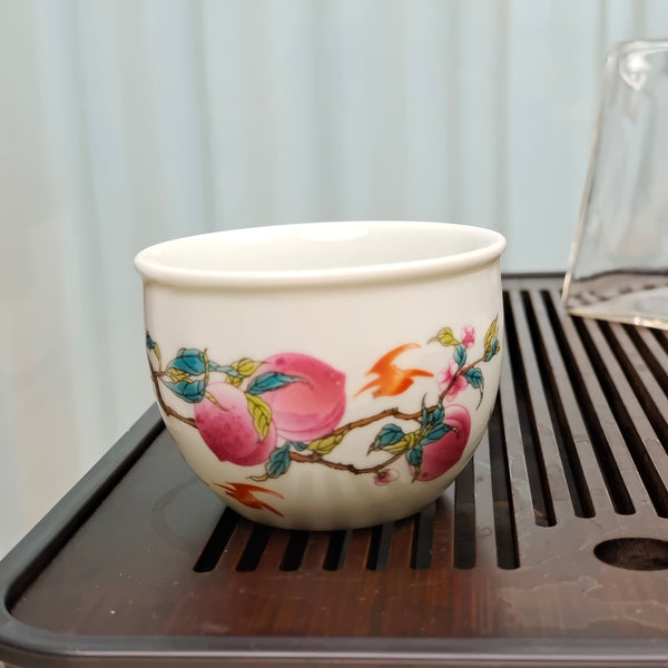 Qianlong-Style Famille Rose Ceramic Tea Cup / 24K Gold Gilded Longevity Motif
