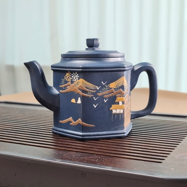 Celestial Azure Hexagonal Palace Lantern  Gilded Landscape 210CC Teapot