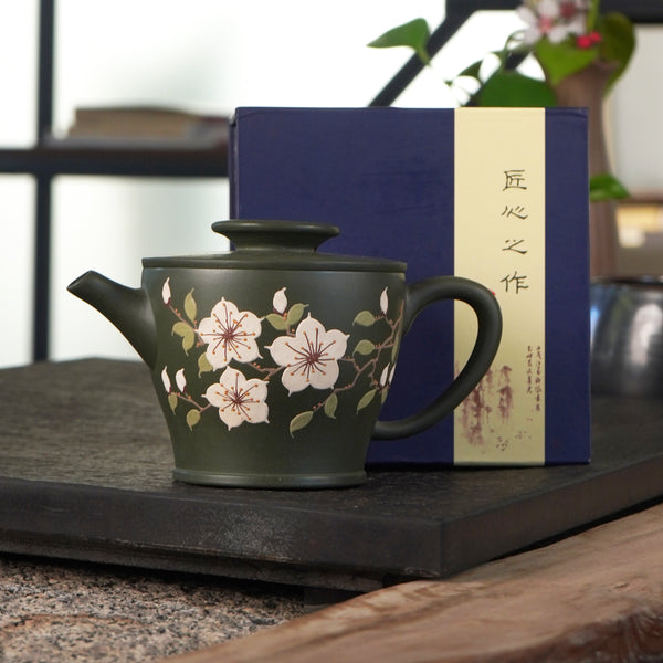 Jade Green Clay Floral Prosperity  Inlaid Lid Relief 275CC Teapot